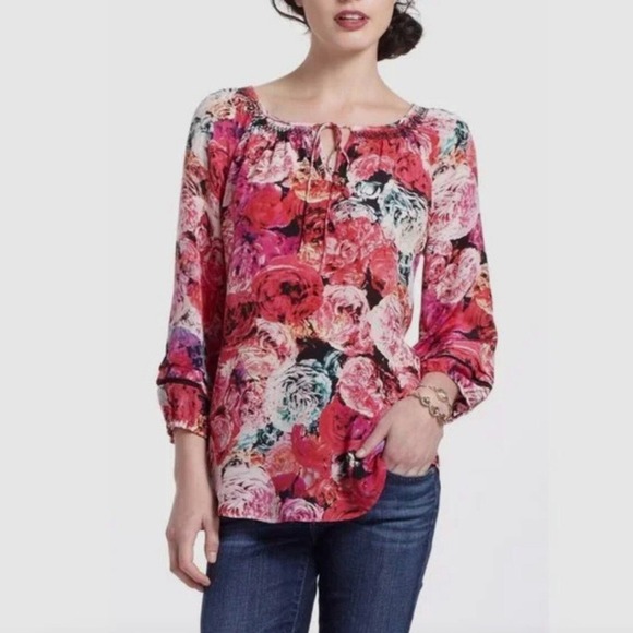 Anthropologie Tops - Vanessa Virginia Pink Rose Peasant‎ Blouse 100% Silk Medium Print Anthropologie